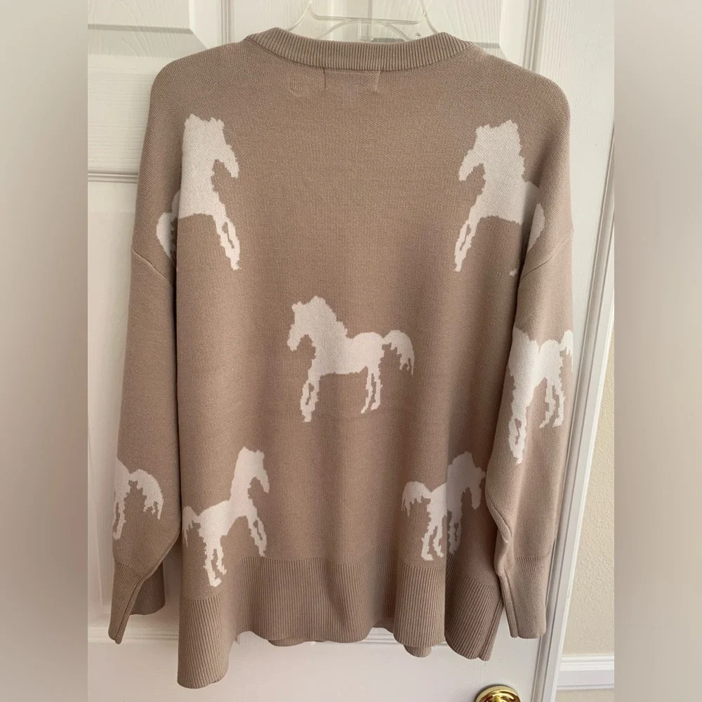 NWT Jason Wu Sweater: Beige w/White Horses, Crewneck, Long Sleeves, Viscose 2X - Picture 2 of 13